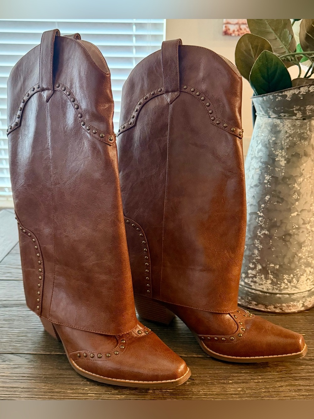 NEW Western Studded Boots Women 8 Brown Foldover Square Toe Faux Leather Cowboy